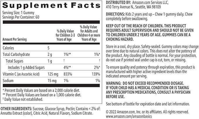Amazon Basics Kids' Vitamin C 125mg Gummies, Orange, 60 Count, Immune Health, 2 Month Supply (Previously Solimo)