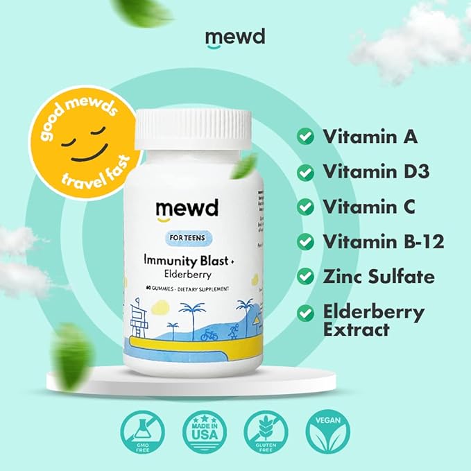 MEWD Teen and Kids Elderberry Immunity Multivitamin Gummies -Zinc, Vitamins A,C,D3,B12 for Immune Support,Brain Health, Focus, Made in USA, Girls and Boys.