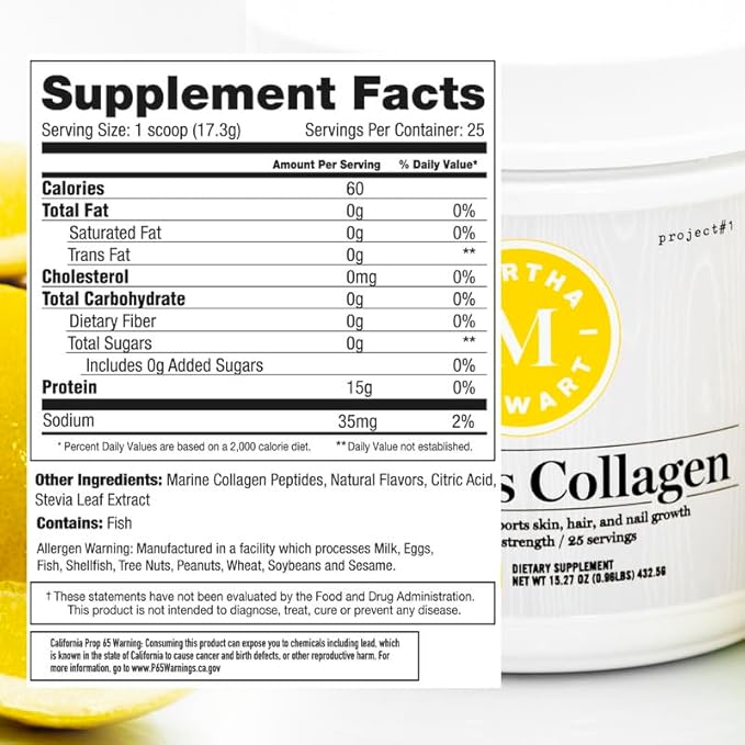 Martha Stewart Collagen Peptides Powder - Multi Collagen for Women | Healthy Supplement for Skin, Hair, Nails, and Bone Strength | 15g Protein | Lemon | 25 Servings