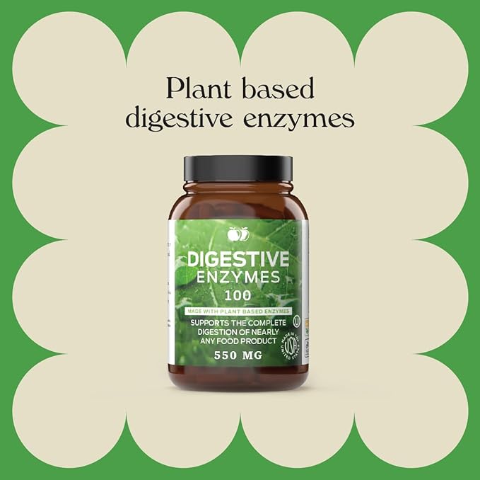 Digestive Enzymes Supplements, Natural Plant Based Superfood - 100 Capsules 600mg Probiotics Amylase Bromelain Lipase