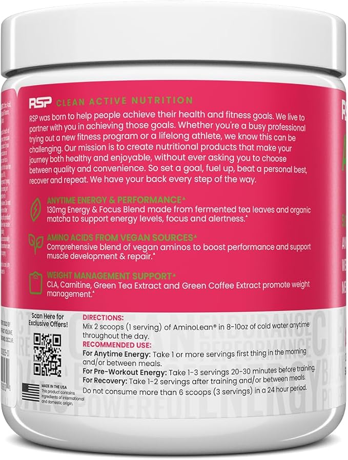 RSP Nutrition AminoLean Pre Workout Powder, Amino Energy & Weight Management with BCAA Amino Acids & Natural Caffeine, Preworkout Boost for Men & Women, 30 Serv
