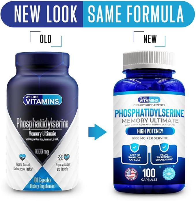 We Like Vitamins Phosphatidylserine Supplement with Gingko Biloba, Gotu Kola, DMAE - Improves Focus, Memory, Cognitive Function - Soy-Free 1000mg Memory Ultimate Complex - 100 Easy-to-Swallow Capsules