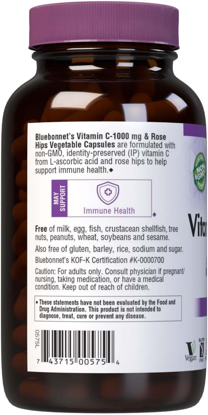 Bluebonnet Vitamin C 1000 mg Plus Rosehips Vegetable Capsules, 180 Count (743715005754)