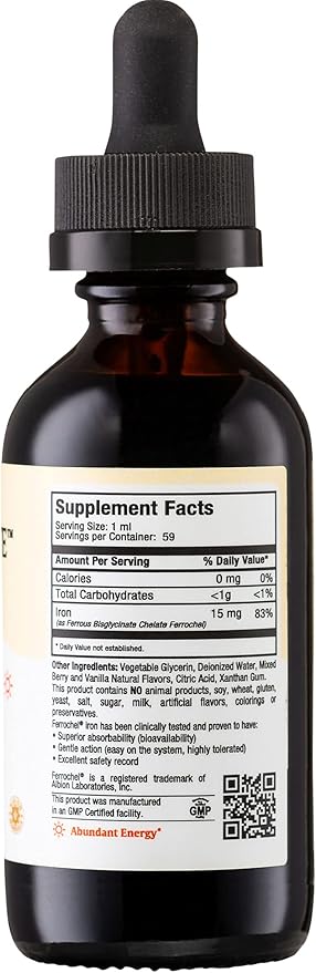 Maxi Health Women, Men and Kids Liquid Iron Supplement - 15 mg Per ML Berry Flavored - High Potency - Easy to Mix for Immediate Absorption - Increase Energy Without Nausea - 2 fl Ounces