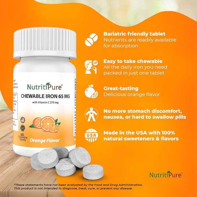 Chewable Iron 65 mg with Vitamin C 270 mg (for Women/Men) |60 Days Supply | No Sugar- Zesty Orange Flavor Supplement 60 Count