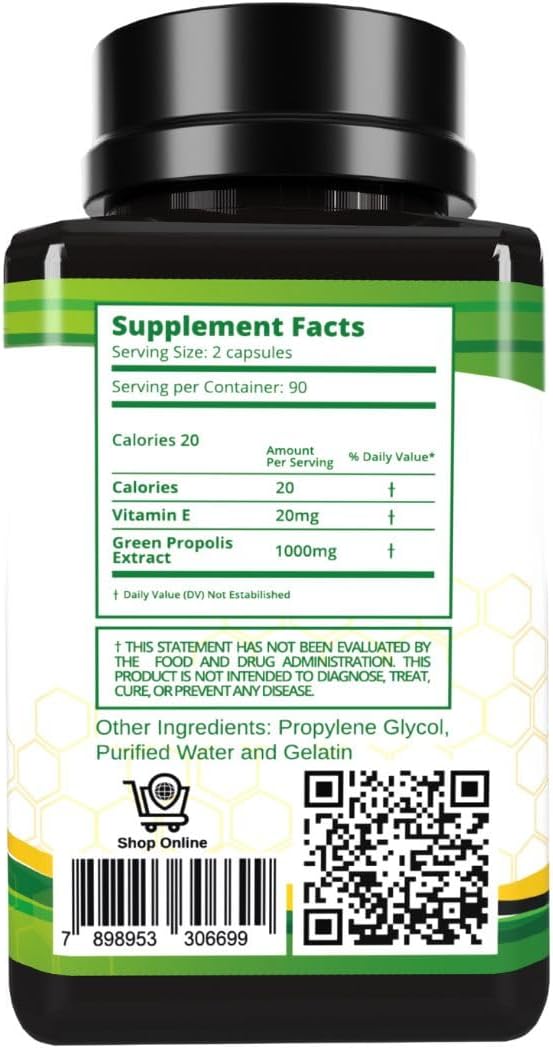 Propolis Health Propolis Capsules 1000mg-Daily with Vitamin E Per 2 Capsules - Brazilian Green Propolis Extract - Immune Booster 50 Days Supply Propolis Capsules (180 Capsules)