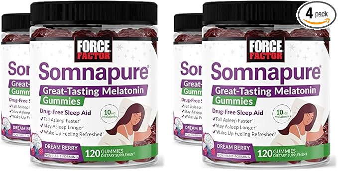 Force Factor Somnapure Gummies with Melatonin, Drug-Free Sleep Support Supplement for Adults with Occasional Sleeplessness, Dream Berry Flavor, 120 Count (Pack of 4)