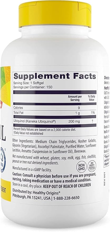Healthy Origins Ubiquinol (Active Form of CoQ10), 200 mg - Kaneka Ubiquinol Supplements for Heart Health & Antioxidant Support - Gluten-Free & Non-GMO Supplement - 150 Softgels