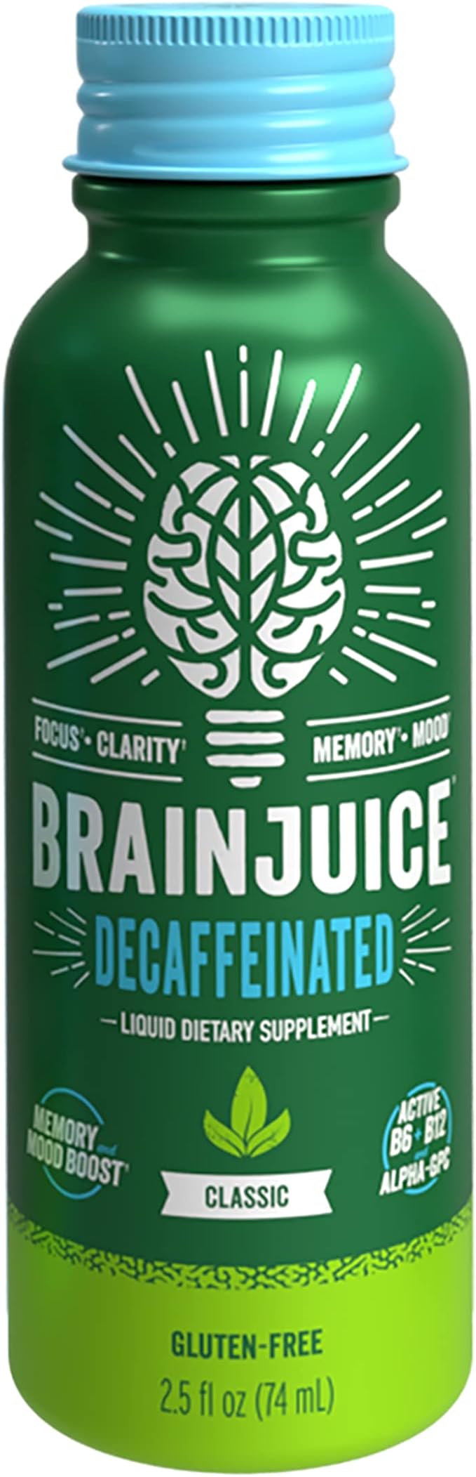 BrainJuice Decaf Brain Support Shot, Gluten Free Supplement Shots for Energy & Focus, Healthy Drinks with Alpha GPC, Vitamin B & Decaffeinated Green Tea Leaf, Classic, 2.5 fl oz, 12 Pack