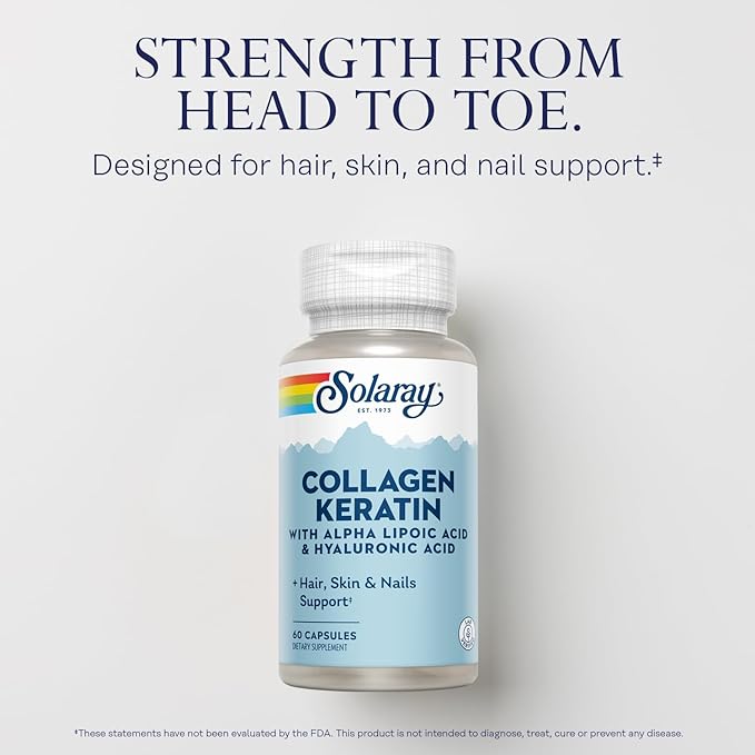 SOLARAY Collagen Keratin with Alpha Lipoic Acid and Hyaluronic Acid - Type I, II and III Collagen Pills - Hair, Skin, Nails, and Joint Health Support - 30 Servings, 60 Capsules