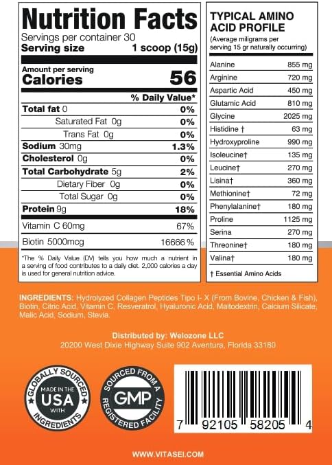 Hydrolyzed Collagen Peptides Powder with Vitamin C & Resveratrol - Hair, Skin and Nails Vitamins for Women & Men - Bone and Joint Supplement - Unflavored - 16 oz