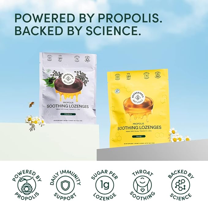 Beekeeper's Naturals Soothing Honey Cough Drops 3 Flavors Pack,Honey,Peppermint & Elderberry Sore Throat Relief Soothing Lozenges with Zinc,Propolis & Vitamin D,42 Ct