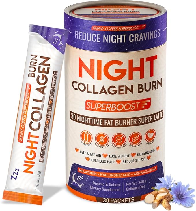 Night Collagen Burn, Nighttime Fat Burner & Weight Loss Support, Natural Deep Sleep SuperLatte, Appetite Suppressant, Skin, Hair, Nails & Joints Support, Superboost 30 Servings