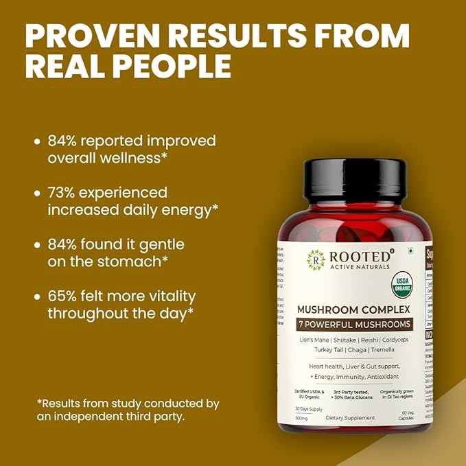 ROOTED Active's Mushroom Complex - Ayurveda Lions Mane, Reishi, Cordyceps, Chaga, Turkey Tail, Shiitake and Tremella - 1000 MG (60 Capsules, 30 Day Supply)