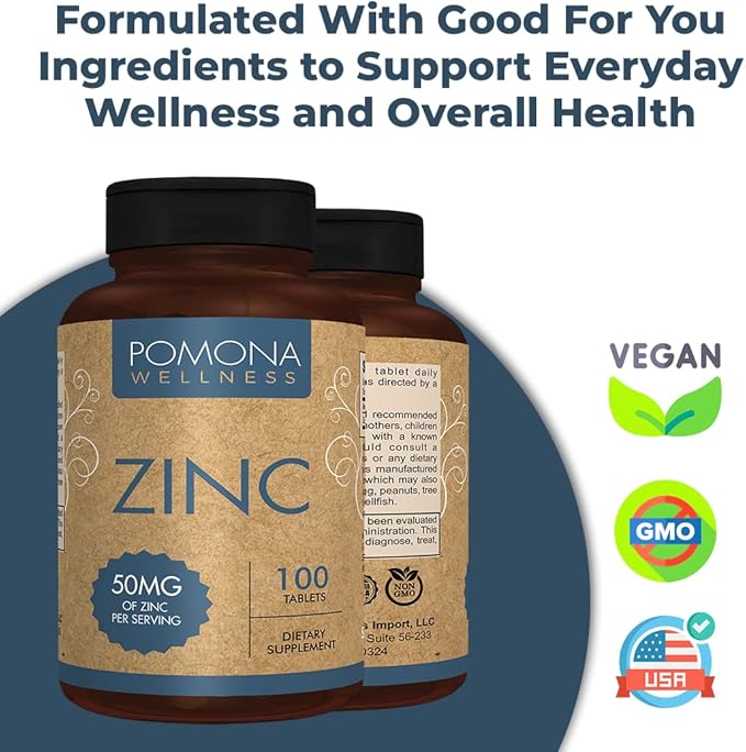Pomona Wellness Zinc Supplements For Adults, 50mg, Skin Health And Immune Support, Easy To Swallow, For Antioxidant And Overall Health, Vegan, Non-GMO, 100 Tablets