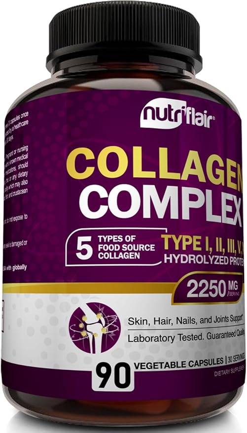 NutriFlair Multi Collagen Peptides 2250mg, 90 Capsules - Type I, II, III, V, X - Collagen Supplements Complex Powder Pills for Women and Men - Hydrolyzed Protein, Healthy Hair, Skin, Nails - Non-GMO