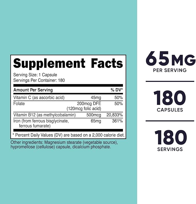 Nutricost Iron for Women 65mg, 180 Capsules, with Vitamin C, Folate, & Vitamin B12 - Vegetarian Friendly, Non-GMO, Gluten Free