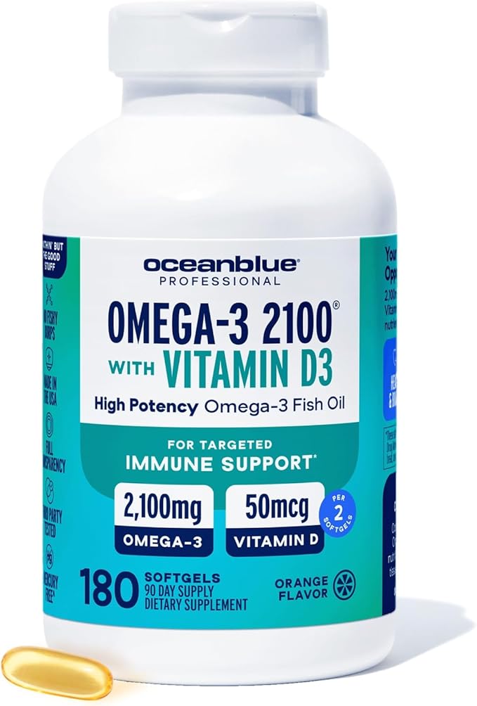 Oceanblue Professional Omega-3 2100 with Vitamin D3 – 180 ct – Triple Strength Burpless Fish Oil Supplement with High-Potency EPA, DHA, DPA – Wild-Caught – Orange Flavor (90 Servings)