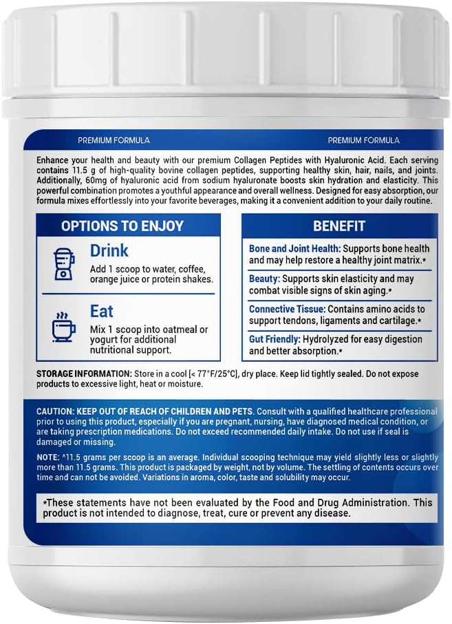 Collagen Peptides Powder with Hyaluronic Acid – Hydrolyzed Protein for Men & Women – Unflavored Collagen Supplement – Clean & Simple Ingredients – Skin Hair Nail & Joint Support - 483 g