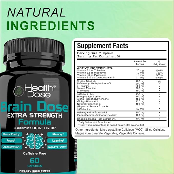 Brain Dose Premium Nootropics - Caffeine-Free Extra Strength Formula for Men & Women - Supports Brain Health, Cognitive Focus & Memory Retention, Pack of 3.