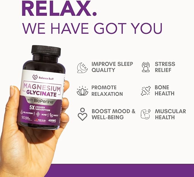 Magnesium Glycinate 400mg - 5X Higher Absorption - Support Stress Relief, Sleep, Bone Health - 100% Chelated - Pure Magnesium Supplement - 90 Veggie Capsules