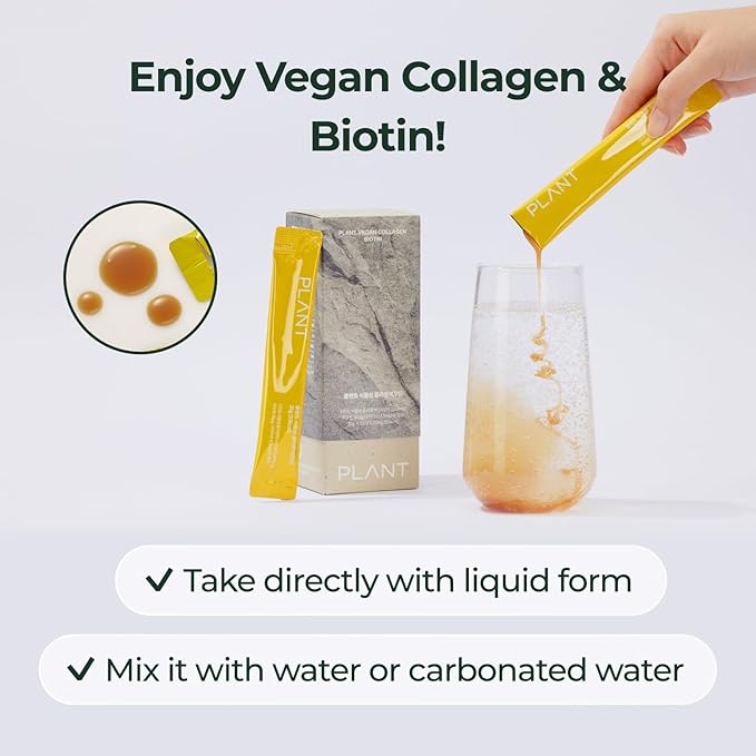 PLANT Vegan Liquid Collagen with Biotin & Niacin | 2,000mg Hydrolyzed Collagen Peptides | Kosher & Halal Certified| Lemon Flavor| Skin, Hair & Nail Support| 363Da Ultra Low Molecular |15 Stick Packs