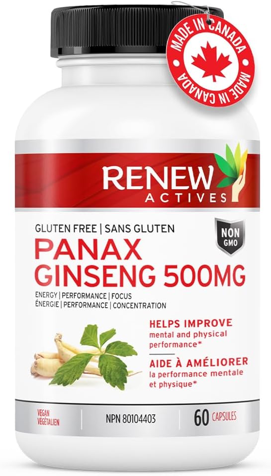 RENEW ACTIVES Panax Ginseng 1000MG per 2 Capsules – Boosts Physical & Cognitive Health, Enhances Energy, Supports Mental Clarity & Focus, Promotes Performance & Vitality – Made in Canada – 60 Capsules