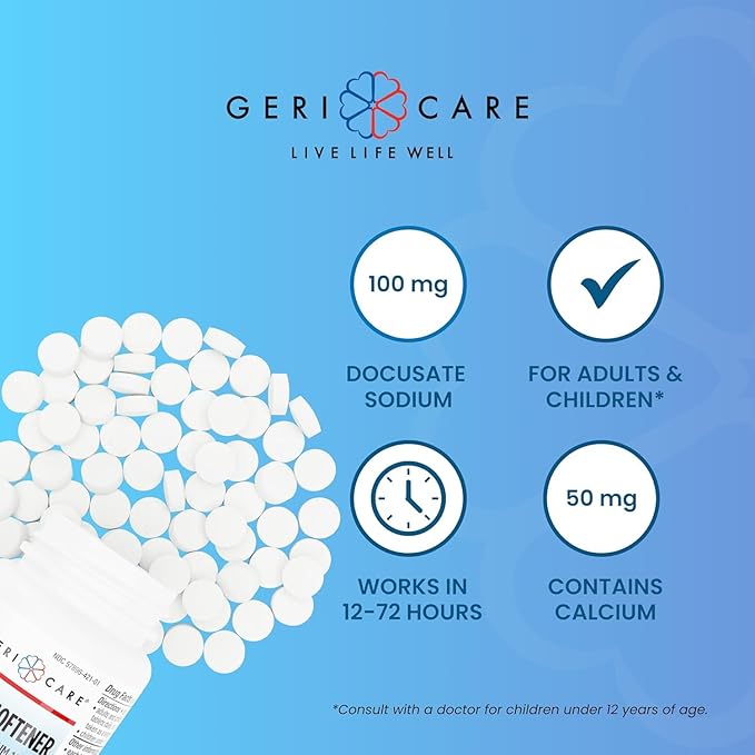 GeriCare Docusate Sodium Stool Softeners, Best Stool Softener for Daily use for Women, Men, and Elderly - Ideal for Constipation Relief 100mg Crushable Tablets. (100 Count) Made in the USA (Pack of 2)