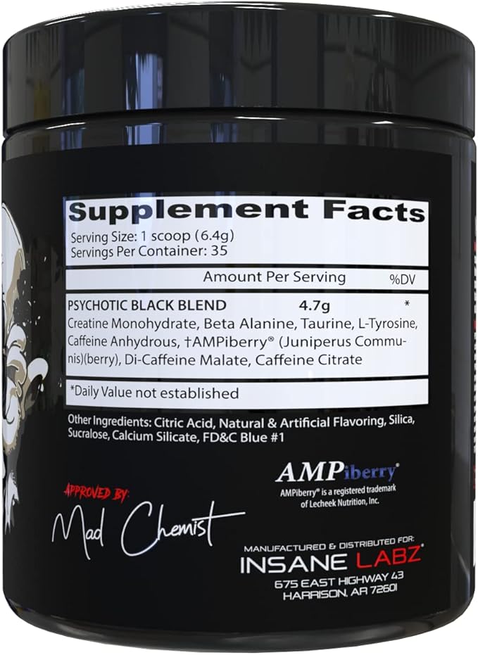 Insane Labz Psychotic Black Edition Mid Stimulant Pre Workout Powder, Energy Focus Pumps, Loaded with Creatine Beta Alanine Taurine Fueled by AMPiberry, 35 Servings (Gummy Candy)
