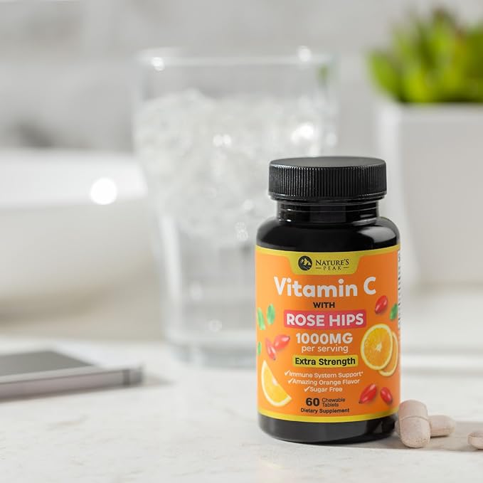 Vitamin C 1000mg Supplement - Extra Strength Chewable Immune Support Vitamin C Dietary Supplement with Rose HIPS, Nature's VitaminC Antioxidant Support, Natural, Vegan, Orange Flavor - 60 Tablets