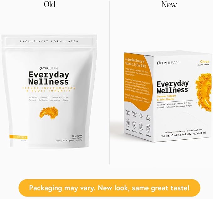 TRULEAN Everyday Wellness Shot Powder - Turmeric, Ginger, Vitamin C, Immunity & Immune Support Supplement - No Artificial Ingredients, No Sugar & Gluten Free - 30 Packets Citrus Flavor