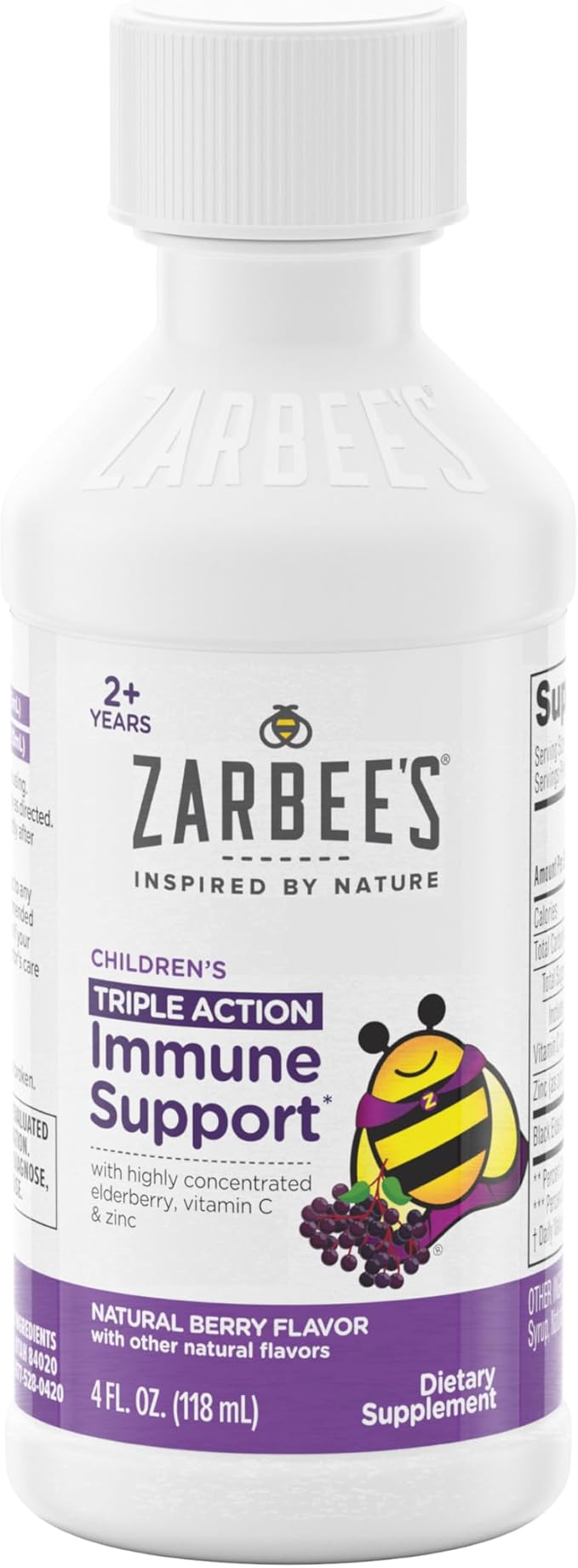 Zarbee's Elderberry Syrup for Kids, Daily Immune Support with Vitamin C & Zinc, Childrens Liquid Supplement, Natural Berry Flavor, 4 fl oz