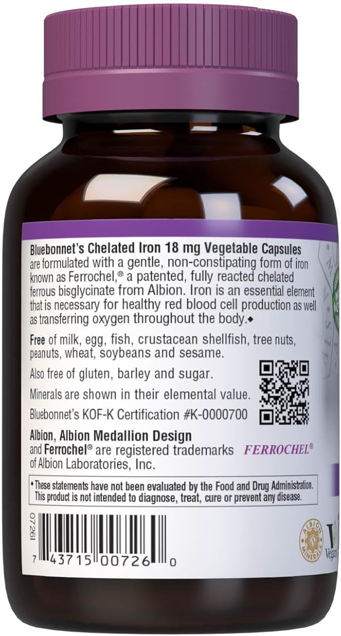 Bluebonnet Nutrition Chelated Iron 18 mg - non-constipating Iron - Soy-Free, Gluten-Free, Non-GMO, Kosher Certified, Dairy-Free, Vegan - 90 Vegetable Capsules, 90 Servings