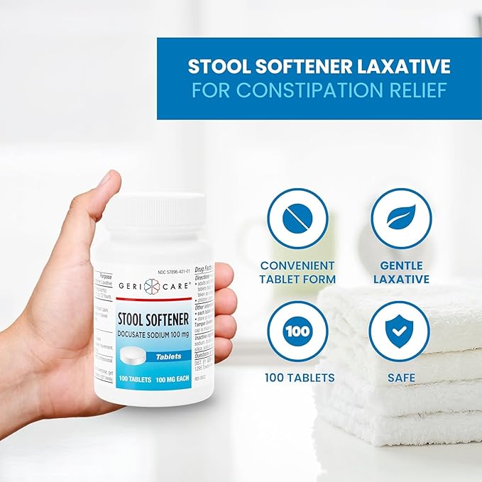 GeriCare Docusate Sodium Stool Softeners, Best Stool Softener for Daily use for Women, Men, and Elderly - Ideal for Constipation Relief 100mg Crushable Tablets. (100 Count) Made in the USA (Pack of 4)