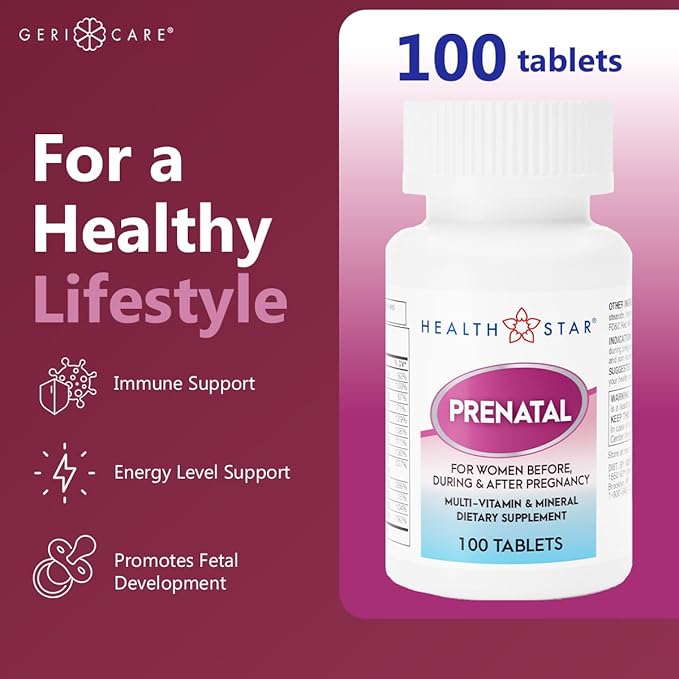 GeriCare Prenatal Multivitamin & Minerals for Healthy Mom and Baby - Folate + Vitamin C + Vitamin D + Iron + Calcium + B12, 100 Count (Pack of 2)