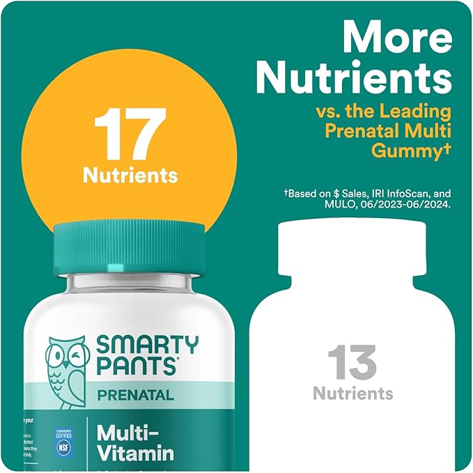 SmartyPants Prenatal Vitamins for Women, Multivitamin Gummies: Pre and Postnatal Vitamins, Biotin, Methylfolate, Vitamin D3, C, Vitamin B12, B6, A, K & Zinc, Inositol, 60 Count (30 Day Supply)