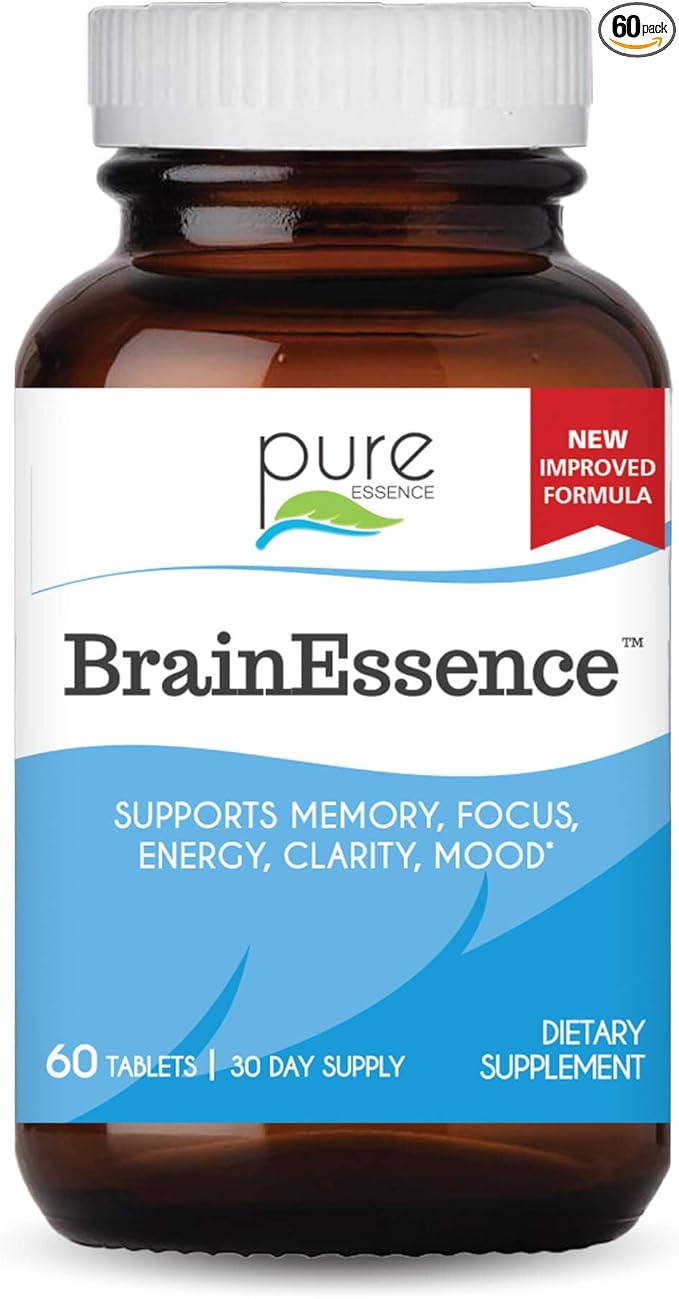PURE ESSENCE LABS Brain Essence - Memory Supplement & Vitamin for Men, Women & Adults - Herbal Booster for Memory, Focus, Clarity & Stress Relief - Bacopa Monnieri, Ashwagandha & More (60 Tablets)