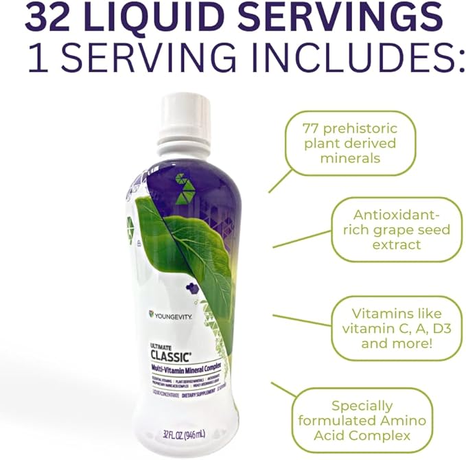 Youngevity Ultimate Classic® - Mega Multi-Vitamin & Mineral Complex - 16 Vitamins, 70+ Minerals, 12+ Amino Acids, Grape Seed, CoQ10, and More - Highly Absorbable Liquid (32 Fl Oz - Pack of 1)