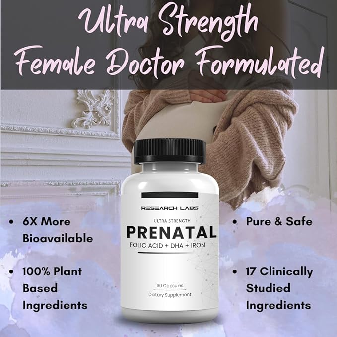 Research Labs Prenatal Vitamins for Women: 6X More Bioavailable Methylated Folate Folic Acid MTHF 5 | Supports Brain Development, Healthy Growth