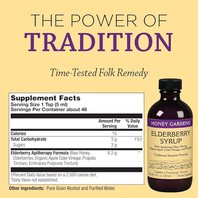 Honey Gardens Elderberry Syrup with Grade A Raw Honey, Propolis, Organic ACV & Elderberries | Traditional Immune Formula w/Echinacea | Made in The USA (4oz)