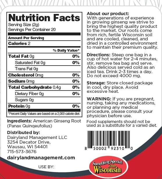 Dairyland American Ginseng Tea Bags 美国人参茶 (20 ct) - Premium Wisconsin Ginseng Tea - Non-GMO, Gluten Free