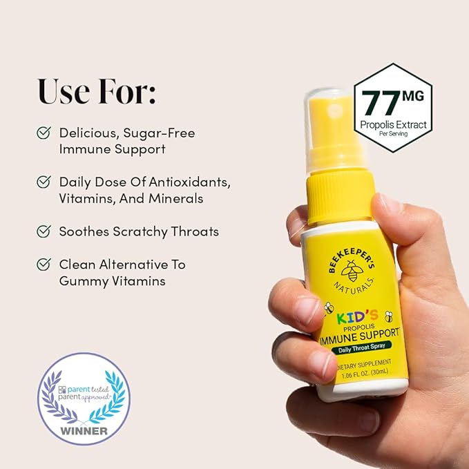 Beekeeper's Naturals Kids Propolis Throat Spray 95% Bee Propolis Extract - Natural Immune Support & Sore Throat Relief, Antioxidants & Gluten-Free, 1.06 oz (Pack of 2)