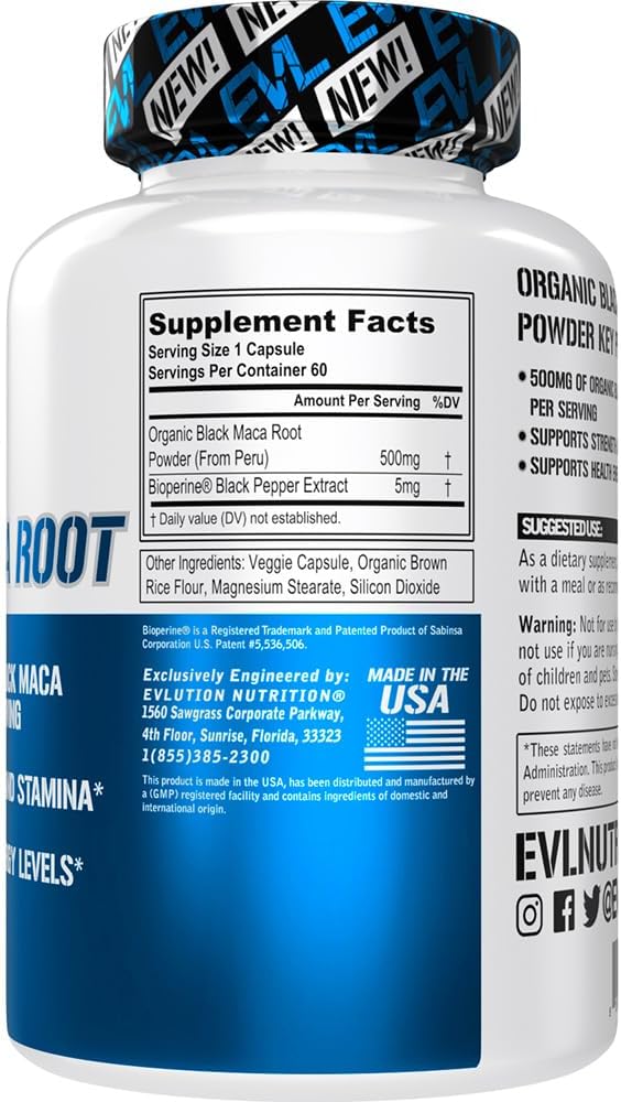 Evlution Nutrition Black Maca Root - Energy Support - 500mg Organic Black Maca Root Powder - Workout Supplement - Vegetarian Capsules - for Strength Performance & Stamina - 60 Servings