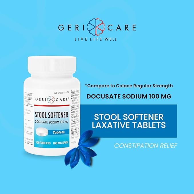 GeriCare Docusate Sodium Stool Softeners, Best Stool Softener for Daily use for Women, Men, and Elderly - Ideal for Constipation Relief 100mg Crushable Tablets. (100 Count) Made in the USA (Pack of 2)
