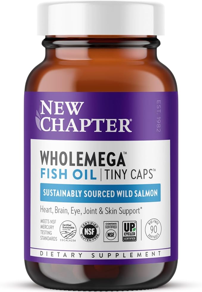 New Chapter Wholemega Fish Oil Supplement - Wild Alaskan Salmon Oil with Omega-3 + Vitamin D3 + Astaxanthin + Sustainably Caught - 90 ct Tiny Caps, 500mg Softgels