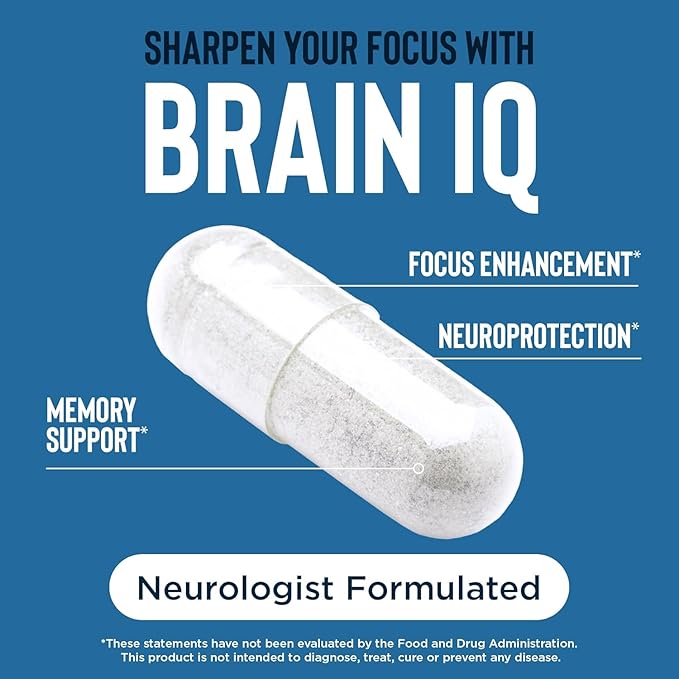 BrainIQ Nootropic Brain Supplements for Memory and Focus | Memory Supplement for Brain Health | Cognitive Supplement & Memory Pill with Lion's Mane, L-threonine & Coffee Extract - 60 Count (Pack of 2)