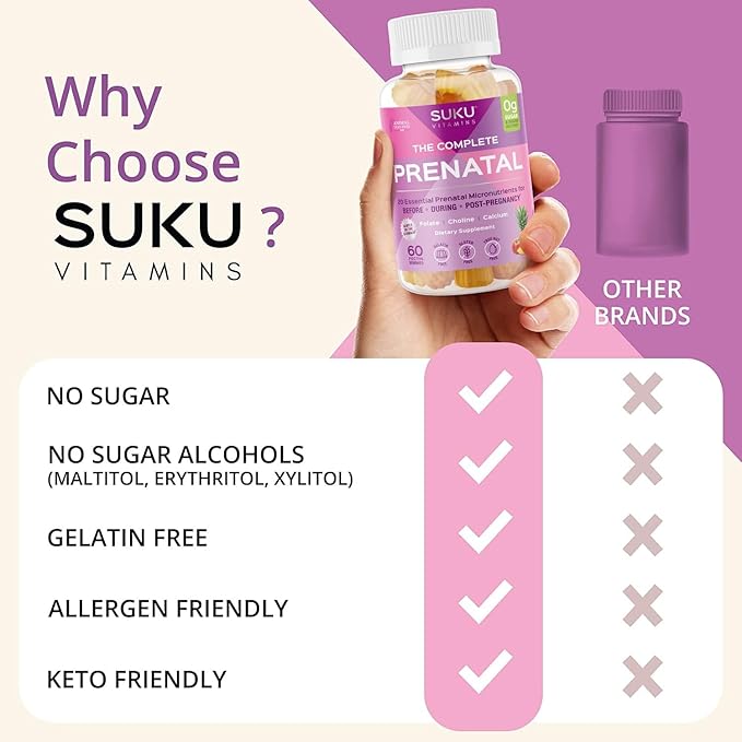 SUKU Prenatal Multivitamin Gummies – Folate, Calcium, Vitamin D3, B12, K2 – Sugar-Free, Vegetarian, Gluten-Free Pregnancy Support – Pineapple Peach Flavor – 60 Count
