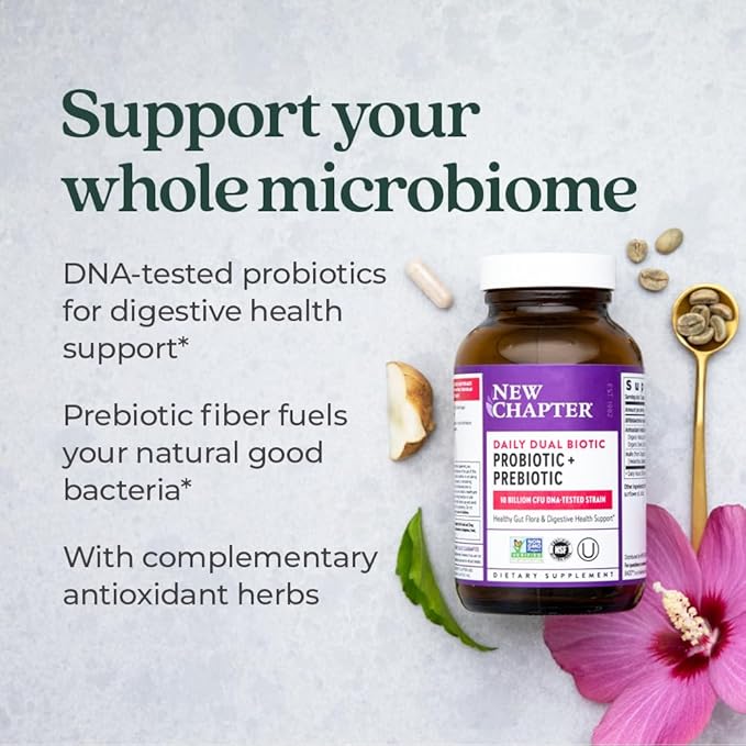 New Chapter Daily Dual Biotic Probiotic + Prebiotic for Digestion & Microbiome Health, 100% Vegan, Soy Free, Non-GMO, 60 Count (2 Month Supply)