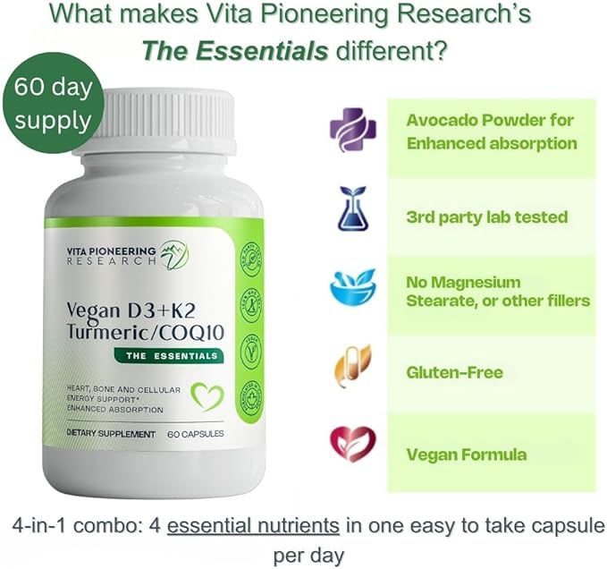 4-in-1 Plant Based Vegan Vitamin D3 2000IU + K2Vital Vitamin K2 with Turmeric and COQ10 - with Avocado Powder for Enhanced Absorption - Heart, Bone, Cellular Health Support