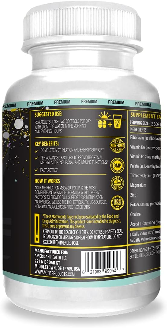 Actif Methylation Mega Support with 10 Advanced Factors and Organic Folate ? 100% Natural, Non-GMO, 90 Count, Magnesia Original Flavor